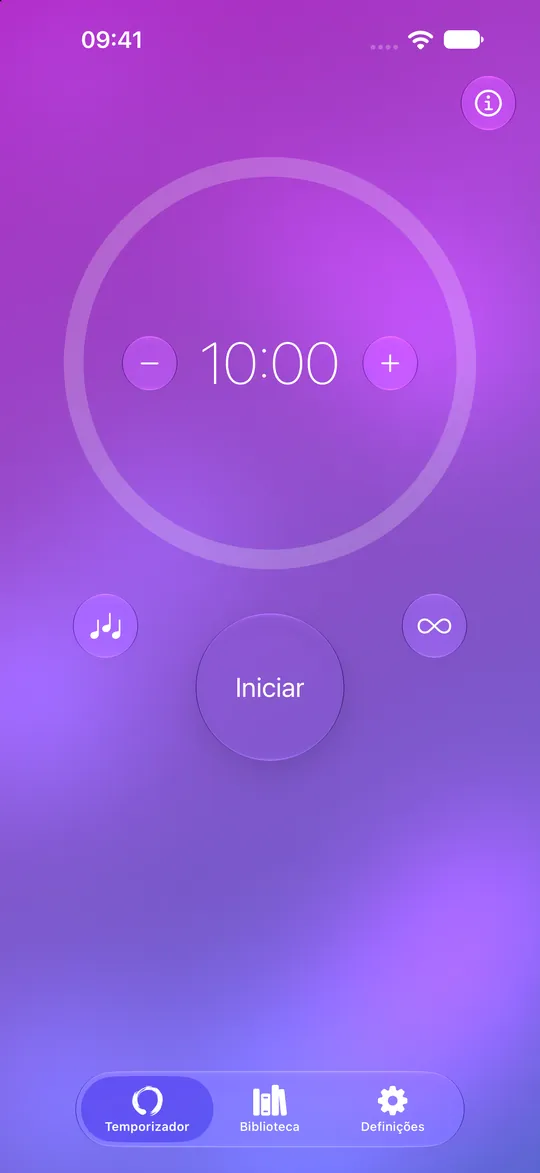 Temporizador de meditação de Mowditate definido para dez minutos, com botão Iniciar